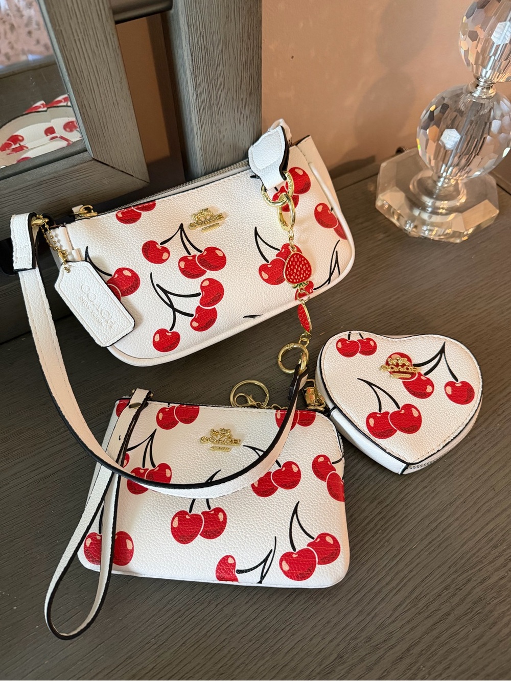 Coach Cherry Print Nolita 19 Shoulder Purse Trio Bundle Heart Wristlet - Picture 2 of 16